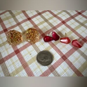 Candy Resin Stud Earrings Set | Pomegranate Seed Red & Gold Sugar Texture